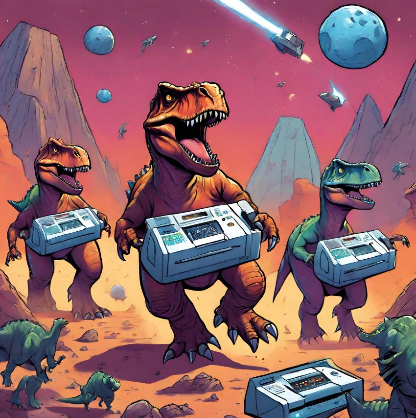 AI art of 3 t rex dinosaurs carrying fax machines in a meteor shower