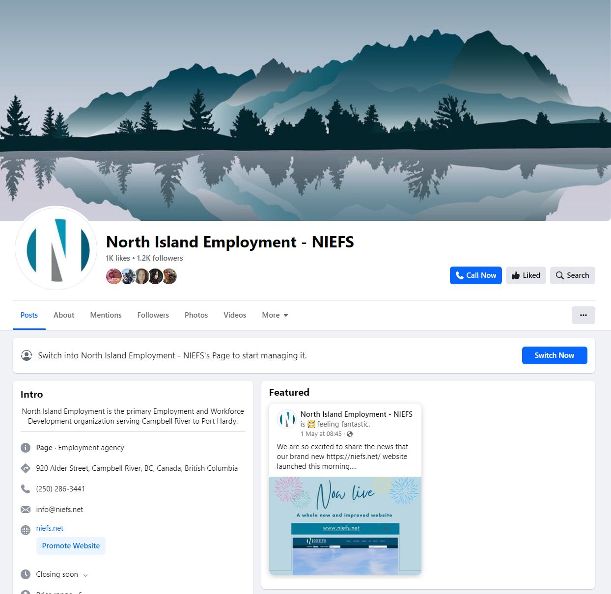 Screen shot of the NIEFS Facebook page at https://www.facebook.com/NorthIslandEmployment