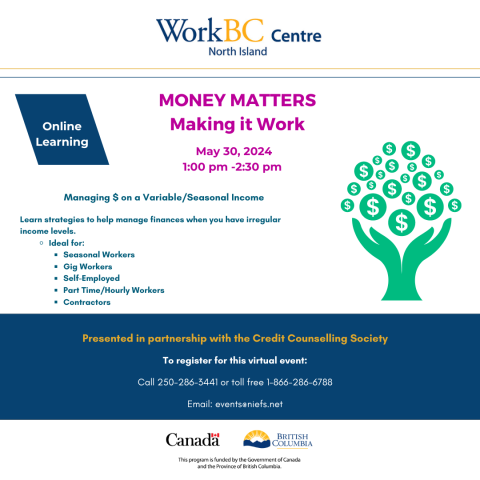 Event Poster for Money Matters online presentation for managing money on a variable income. May 30, 1-230 pm. Call 1-866-286-6788 to register