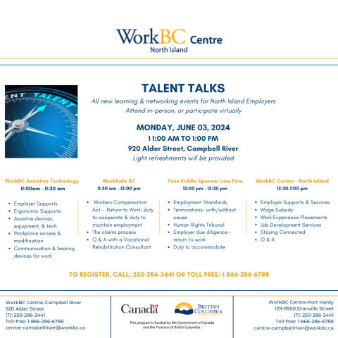 Talent Talks event for employer poster, 4 guest speakers, assistive technology, WorkSafe BC, legal firm, WorkBC Centre North Island - register at 250-286-3441 or toll free 1-866-286-6788