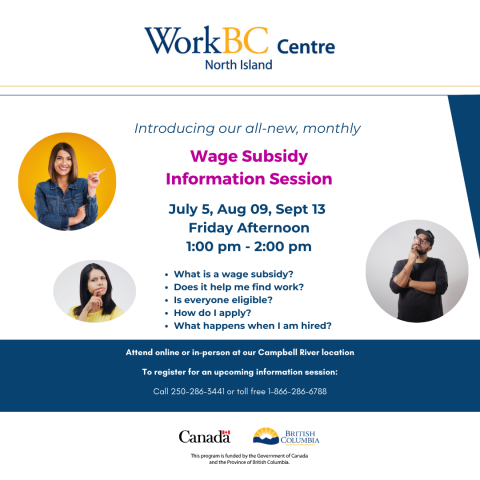 poster for Wage Subsidy Info Sessions, call 1-866-286-6788 to register