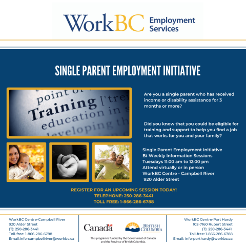 Information Sessions: Single Parent Employment Initiative. Bi-weekly on Tuesdays from 11 am to noon