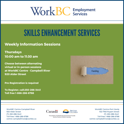 Info sessions each Thursday for WorkBC Skills Enhancement Services. Call 250-286-3441 or toll free 1-866-286-6788 to register