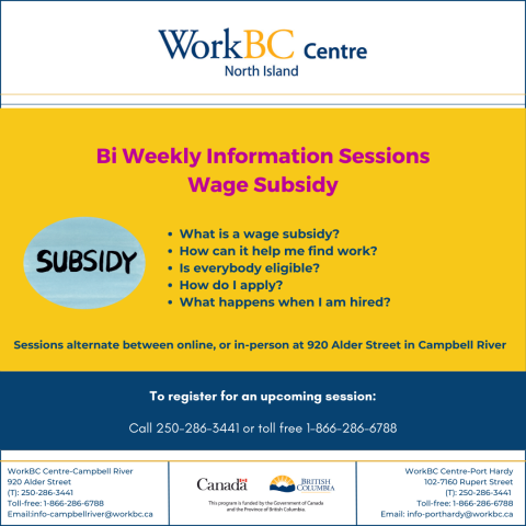 Poster for Wage Subsidy Information Sessions. Offered bi weekly on Thursdays from 4-5 pm. Call 1-866-286-6788 to register.