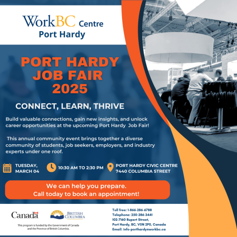 Blue and orange themed poster for the Port Hardy Job Fair at the Port Hardy Civic Centre, Tuesday, March 04-10:30 to 2:30 pm