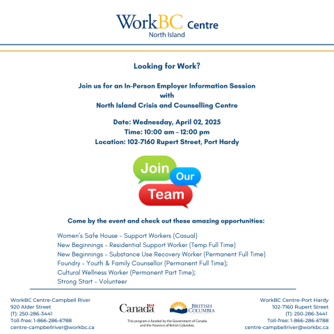 Employer Info Session, In person, April 2 from 10 am to noon with North Island Crisis and Counselling. No registration required. 102-7160 Rupert Street, Port Hardy.