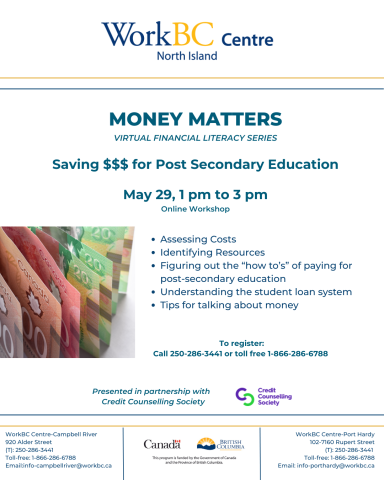 Virtual Financial Literacy- Money Matters: Saving for Post Secondary Education  call 1-866-286-6788 to register
