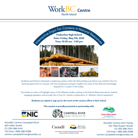 Event poster announcing an interactive trades focused expo for high school students and their parents on May 09 at Timberline High School in Campbell River.  Students can register for this event through their local high schools.