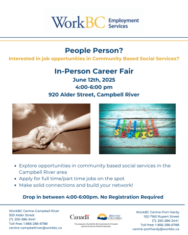 Drop in hiring event for community based social service jobs in Campbell River on Thursday June 12 from 4-6 pm at 920 alder street