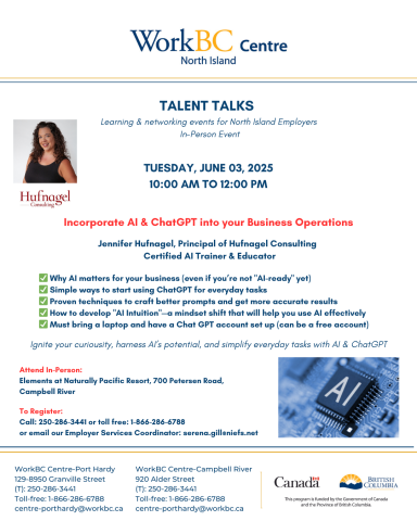 Employer Event: Tuesday June 3, 10 am to noon, Naturally Pacific Resort, CR.  "Incorporating AI into Your Business Operations" Call 250-286-3441 to register