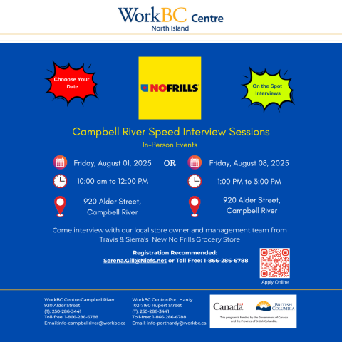 Speed Interviewing Event Aug 01 and 08 for No FRILLS  call 1-866-286-6788 for info