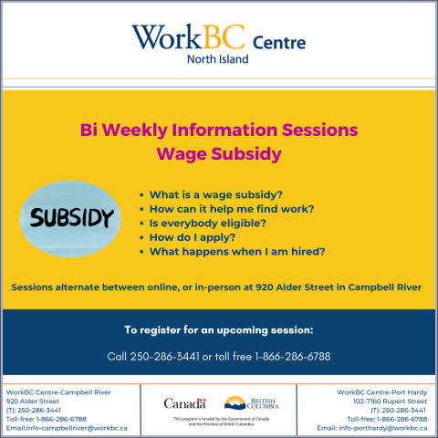 Wage Subsidy info sessions - call toll free 1-866-286-6788 for details