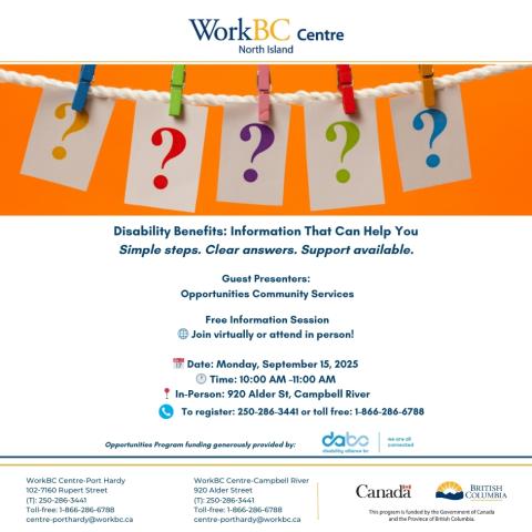 Info session on disability benefits. Monday, Sept o8. Hybrid event in Campbell River call toll free 1-866-286-6788 to register.