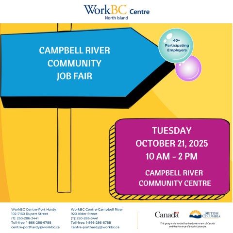 Community Job Fair in Campbell River on Tuesday, October 21 from 10 am to 2 pm at the Campbell River Community Centre