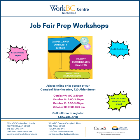 Prep Workshop in advance of the Campbell River Job Fair on October 21, call toll free 1-866-286-6788 for more info and to register