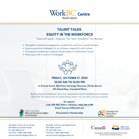 Employer Event: Equity in the Workforce, October 18, Maritime Heritage Centre email serena.gill@niefs.net for details