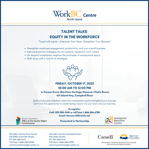 Employer Event: Equity in the Workforce, October 18, Maritime Heritage Centre email serena.gill@niefs.net for details