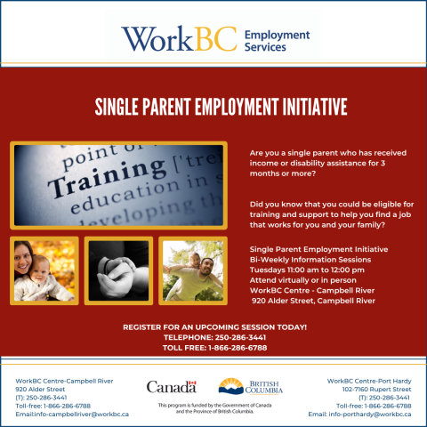 Information sessions: Single Parent Employment Initiative call toll free 1-866-286-6788 for info