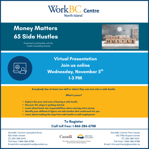 poster for virtual presentation called Money Matters: 65 Side Hustles coming on Nov 5th