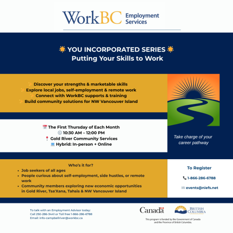 You Incorporated Workshop series for Gold River, Tahsis and area - first Thursday of each month - call 1-866-286-6788 for info