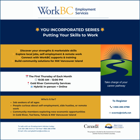 You Incorporated Workshop series for Gold River, Tahsis and area - first Thursday of each month - call 1-866-286-6788 for info