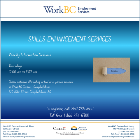 Blue gradient background, white text, announcing weekly information sessions for skills enhancement services at WorkBC Centre North Island