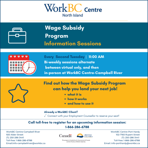 Wage Subsidy Information Sessions - call toll free 1-866-286-6877 to register