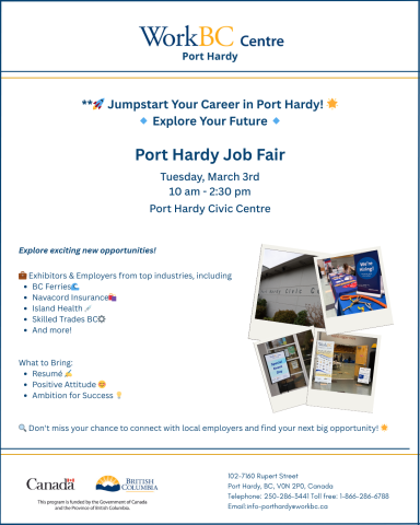 Port Hardy Job Fair, March 3, 10 am to 2 pm at the Port Hardy Civic Centre
