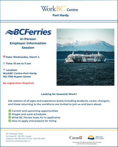 In Person Info Session with BC Ferries, Wednesday, March 4th at WorkBC Centre-Port Hardy