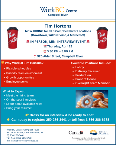Mini Interviews with Tim Hortons @ 920 alder street, April 23, 330-5 pm