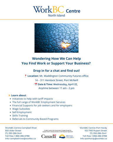 Drop into Mt Waddington Community Futures at 311 Hemlock street in Port McNeill on Wednesday April 22 to learn more about WorkBC services and supports