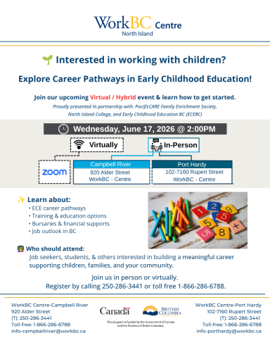 Exploring career pathways in ECE info session. June 17, 2-330 pm. call 1-866-286-6788 to register, attend in person or online