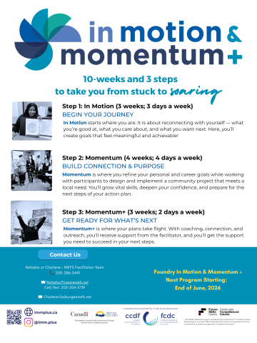 IMM+ Foundry - 10 week program for youth 17-24 in Campbell River. Call toll free 1-866-286-6788 for more information.