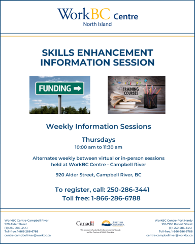 Skills Enhancement Info Sessions, Thursday, 10-1130 am. Call toll free 1-866-286-6788 to register