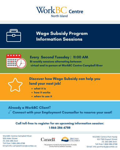 Wage Subsidy Info Sessions Biweekly on Tuesdays, call toll free 1-866-286-6788 for more info