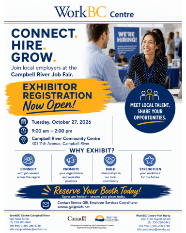 Call for exhibitors, Campbell River Job Fair on October 27, 2026 at the community Centre.