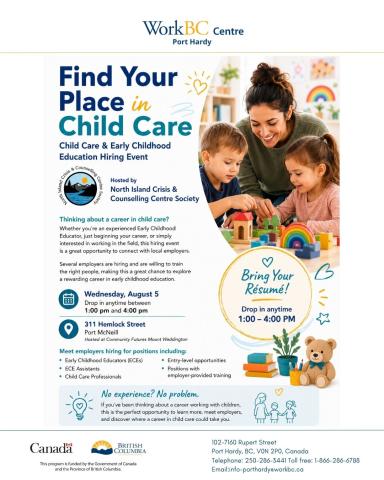 Childcare and ECE Hiring event in Port McNeill on Wednesday, Aug 5 -1-4 pm - Community Futures office