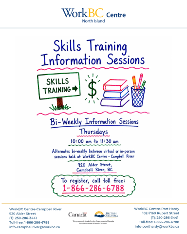 Bi-weekly Skills Training Information Sessions - Thursday, virtual or in person  call toll free 1-866-286-6788 to register