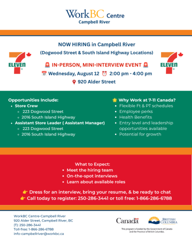 Mini interviews with 7-11 in Campbell River, Wed Aug 12 from 2 -4 pm at 920 Alder street. Call 250-286-6788 to register