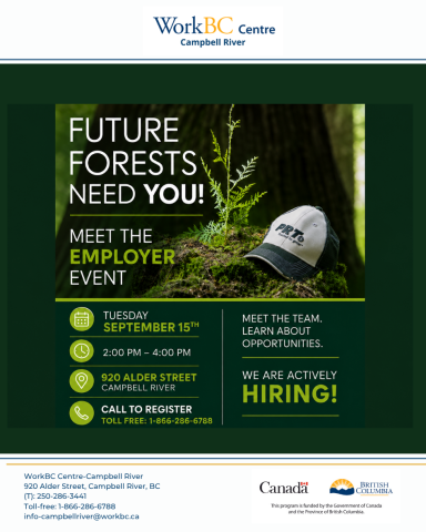 Meet the Employer Event- PRT, Campbell River, Tuesday, Sept 15 call toll free 18662866788 for info