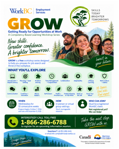 New 10 week program called GROW. Call toll free 1-866-286-6877 to register for an info session