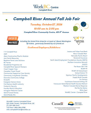Campbell River Job Fair 2026, Tuesday, October 27th, 10-2