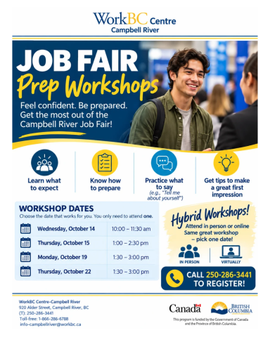 CR Job Fair and Job Fair Prep Workshops - Call toll free 1-866-286-6788 for information