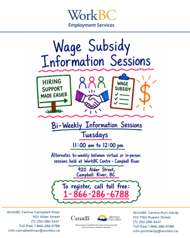 Wage Subsidy Information Sessions. Call 1-866-286-6788 to register