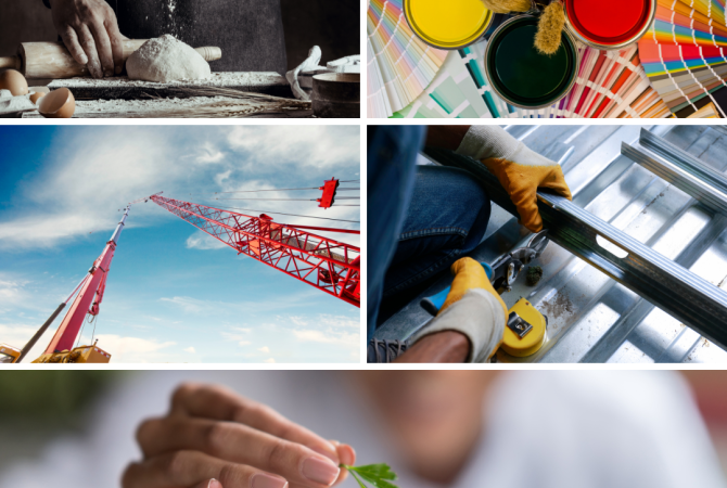 collage of trades, including baker, painter, crane operator, chef, and sheet metal worker