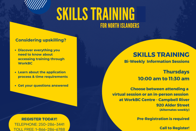 Information Sessions for Skills Training. Call 250-286-3441 or toll free 1-866-286-6788 for details.