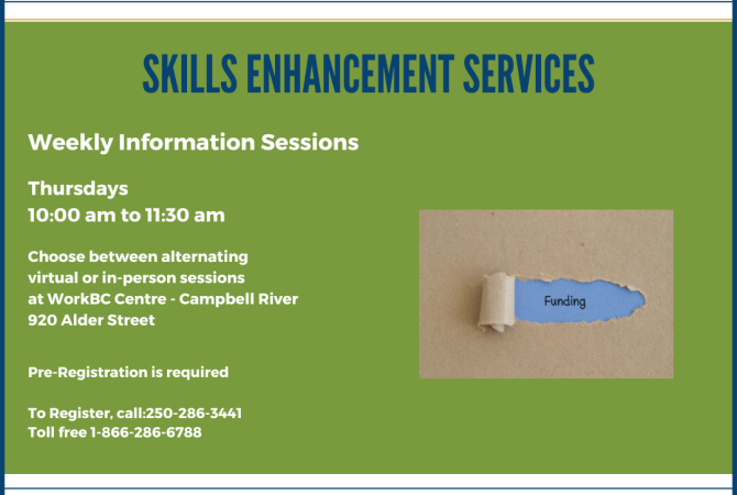 Info sessions each Thursday for WorkBC Skills Enhancement Services. Call 250-286-3441 or toll free 1-866-286-6788 to register