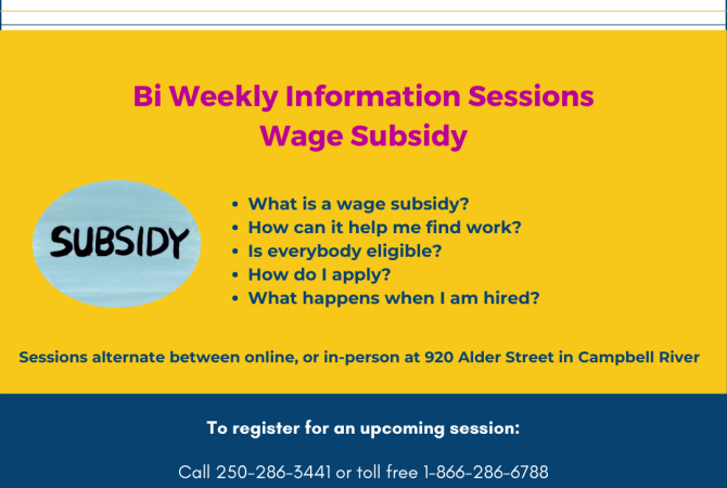Poster for Wage Subsidy Information Sessions. Offered bi weekly on Thursdays from 4-5 pm. Call 1-866-286-6788 to register.