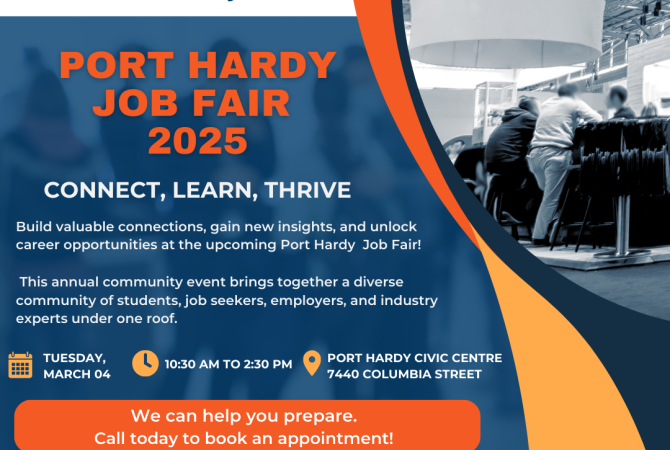 Blue and orange themed poster for the Port Hardy Job Fair at the Port Hardy Civic Centre, Tuesday, March 04-10:30 to 2:30 pm