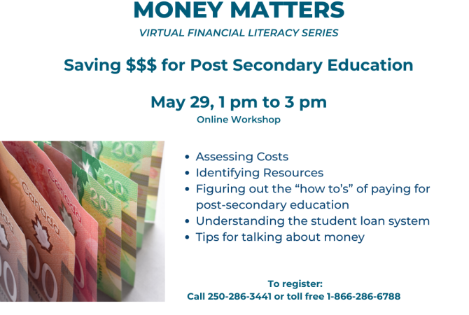 Virtual Financial Literacy- Money Matters: Saving for Post Secondary Education call 1-866-286-6788 to register